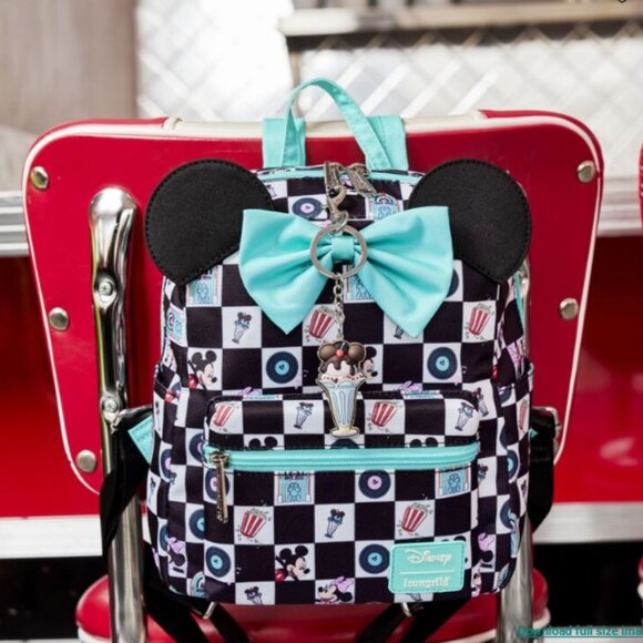 Loungefly Mickey & Minnie Date Night Diner Checkered Nylon Square Mini Backpack - Picture 2 of 7